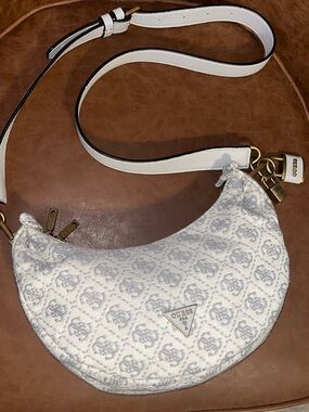 GUESS Shemara Mini Hobo Bag Cream Patterned Shoulder Bag with Gold Hardware
